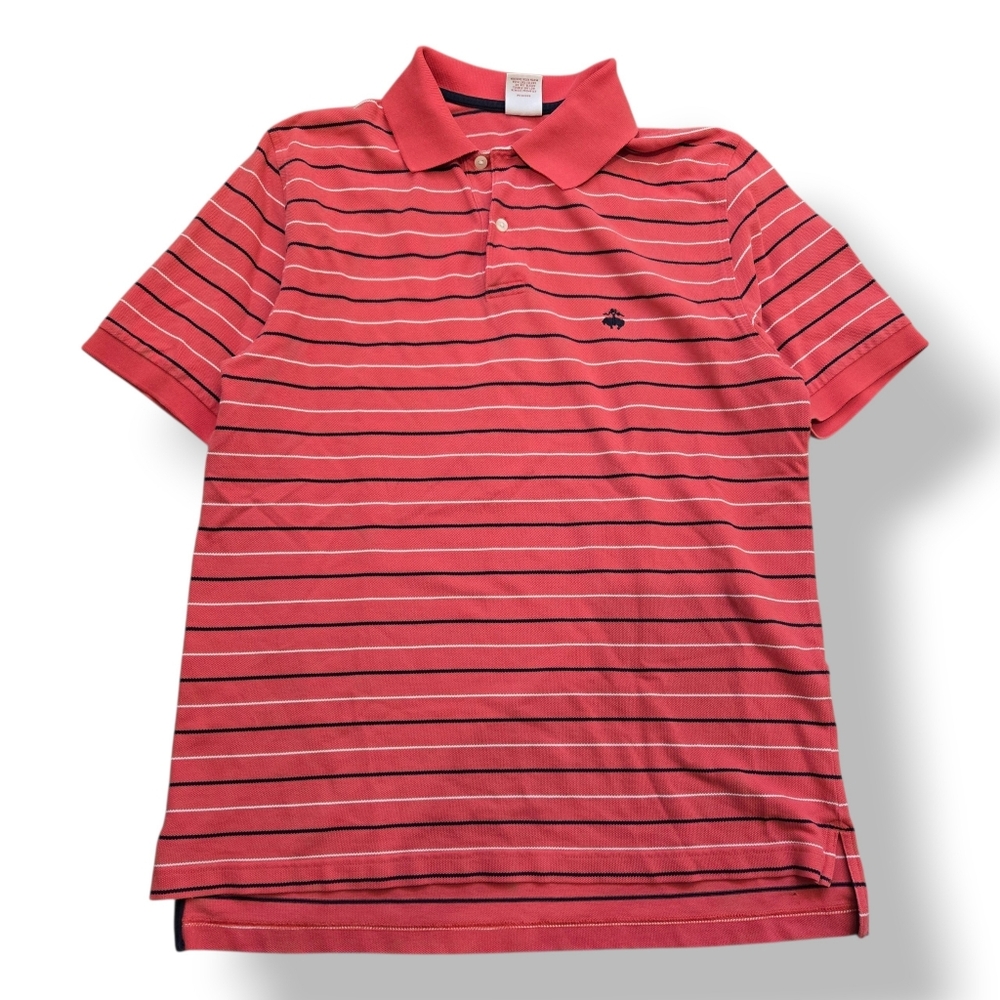 Men Brooks Brothers Salmon Pink Stripe Cotton Short Sleeve Polo Shirt M Vintage